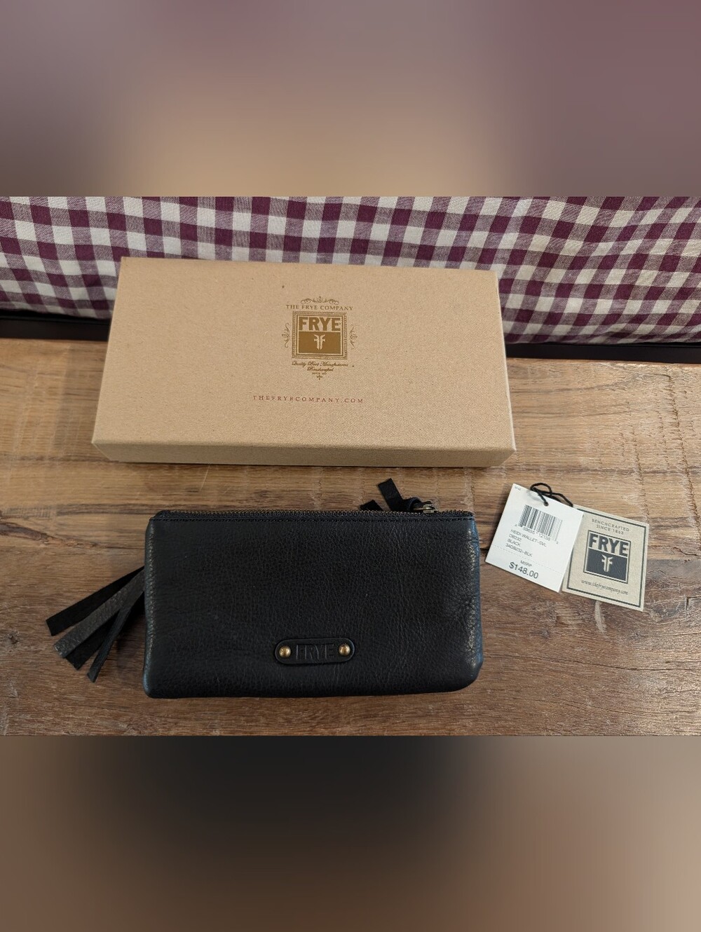 Frye Black Leather Zip Wristlet with Tassel